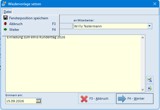Menü „Datei" der Wiedervorlage