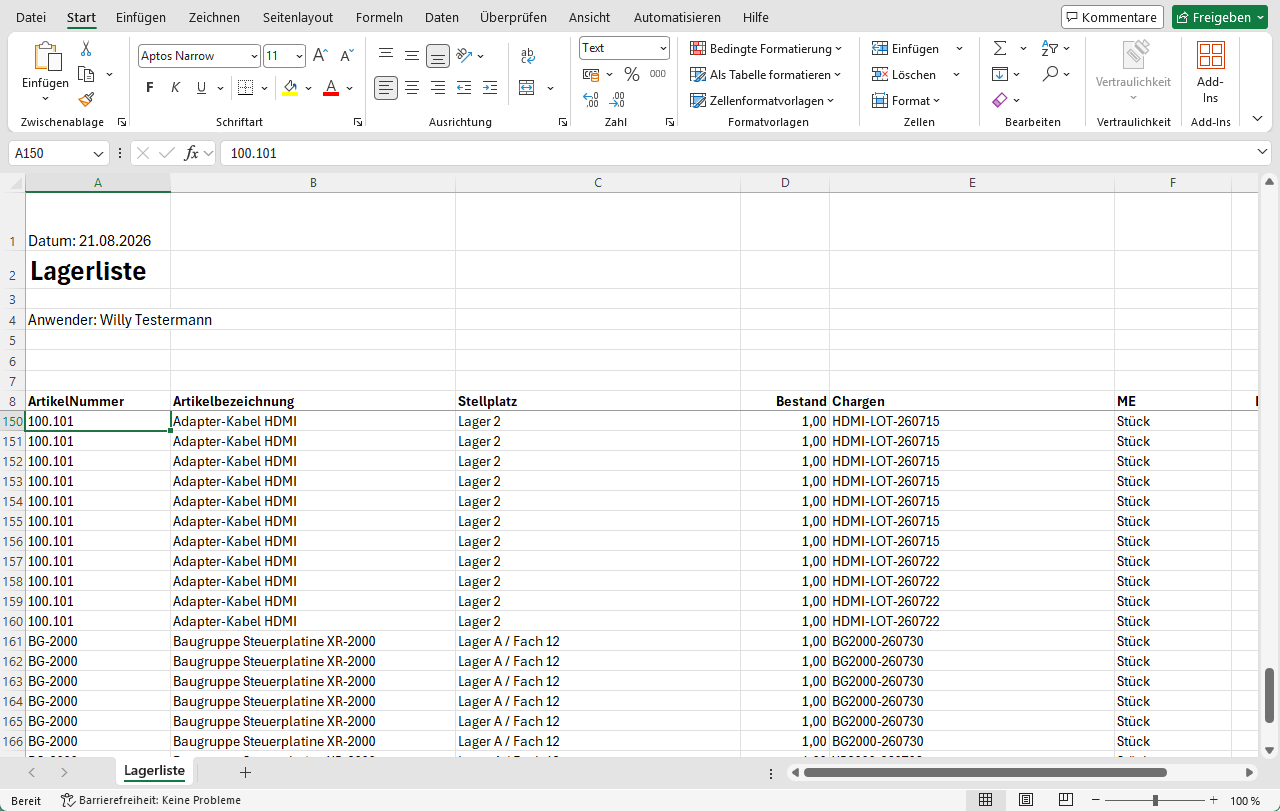 Excel-Mappe der Lagerliste, linker Teil