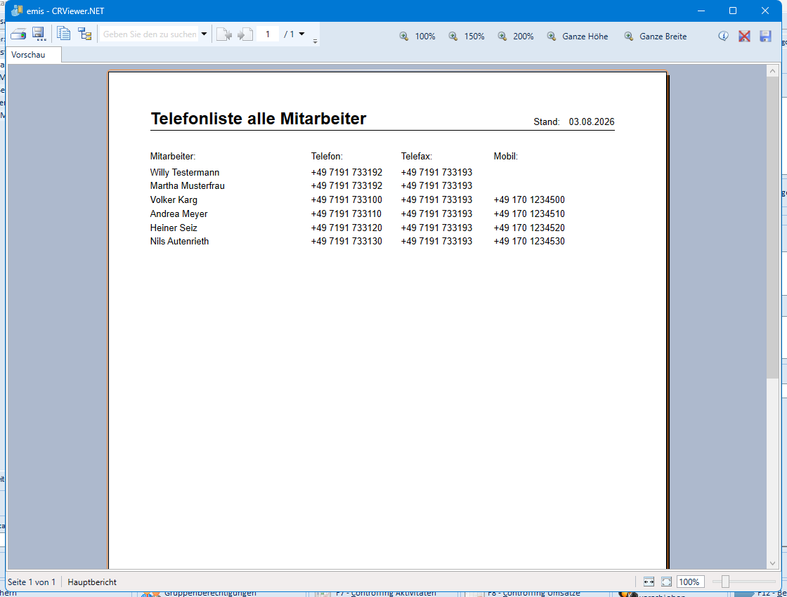 Druckvorschau Telefonliste