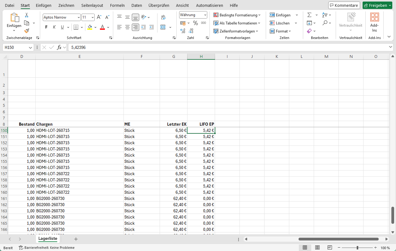 Excel-Mappe der Lagerliste, rechter Teil