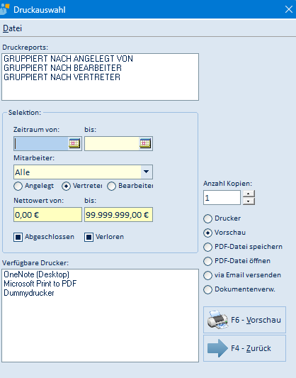 Druckauswahl der Auswertung