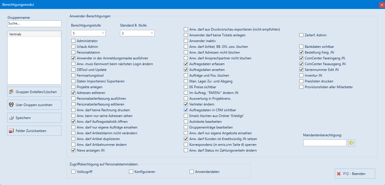 Hauptfenster Berechtigungsmodul