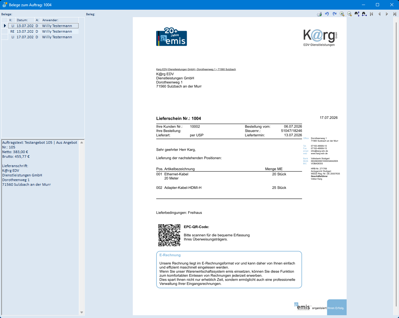 Belege zum Auftrag