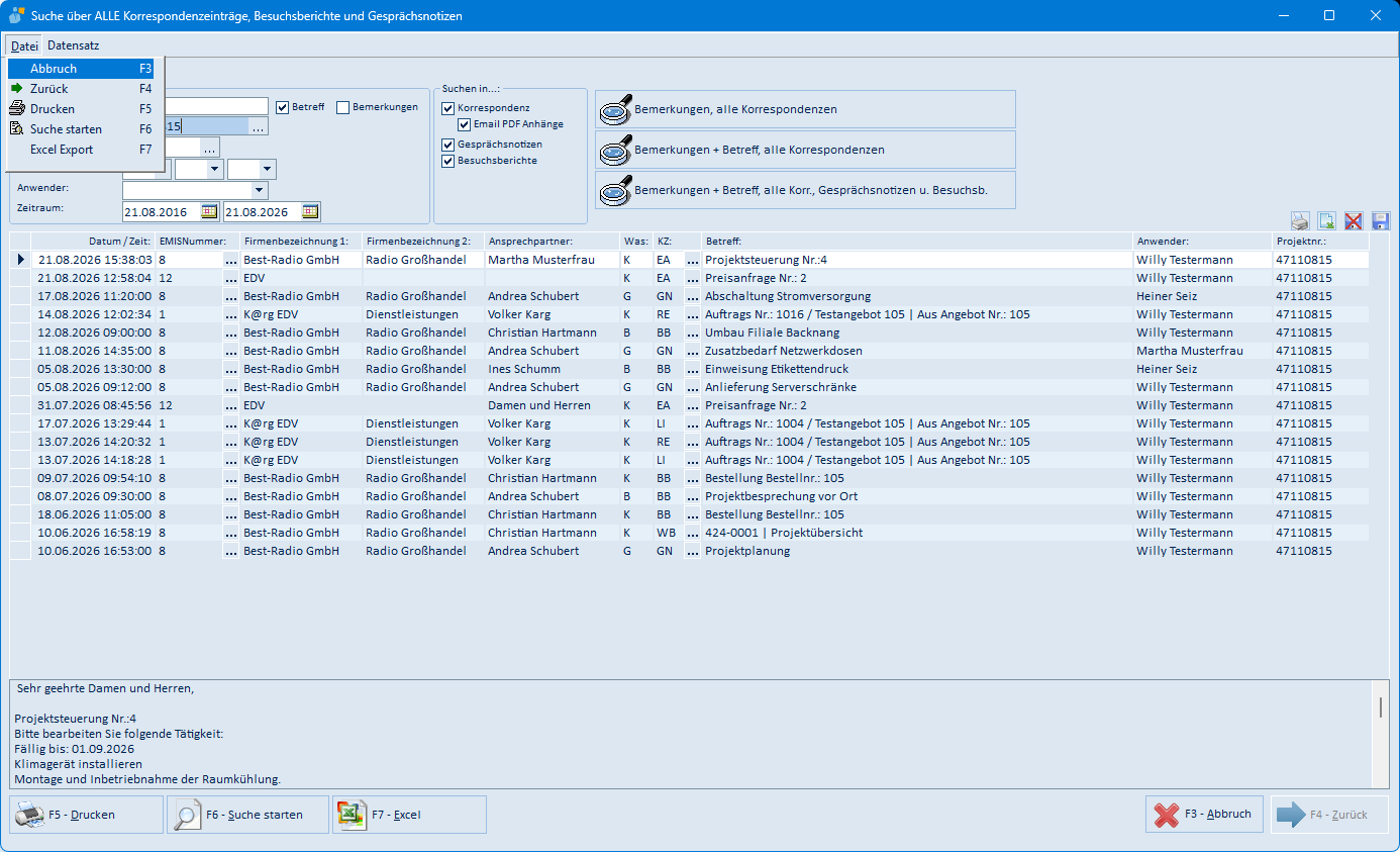 Menü Datei der Vorgangssuche