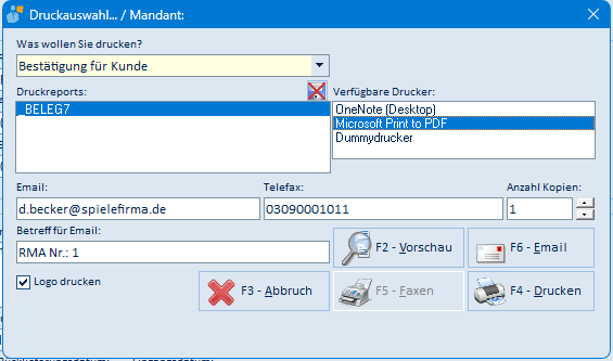 Druckauswahl für Kundenbelege