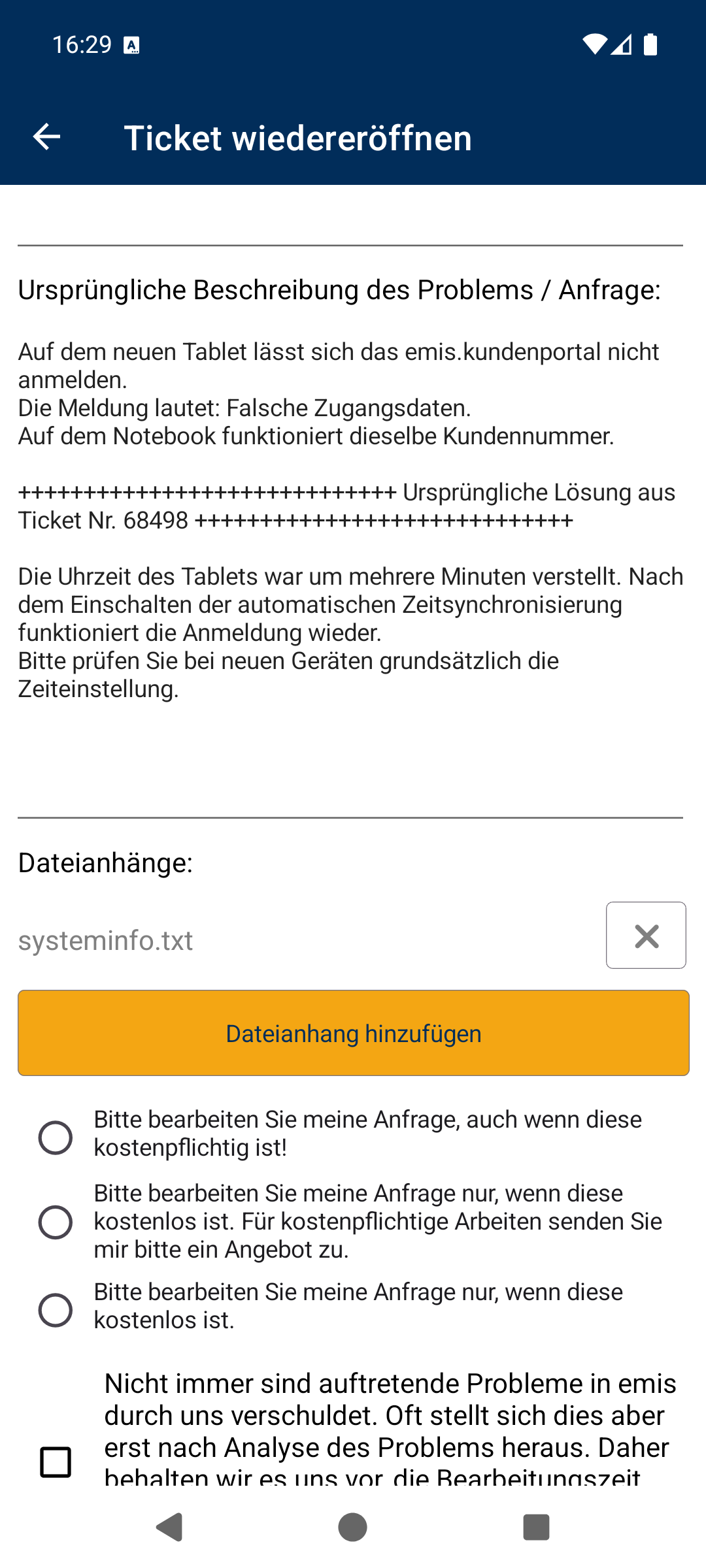 Ticket wiedereröffnen, unterer Teil