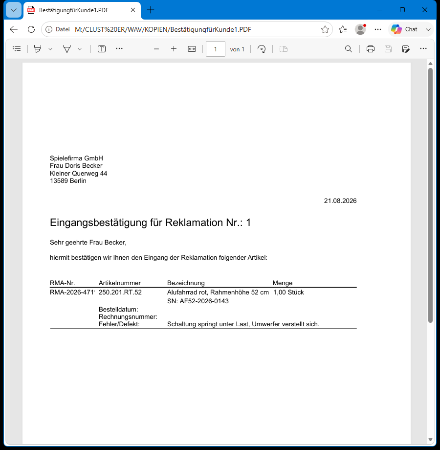 Eingangsbestätigung für den Kunden