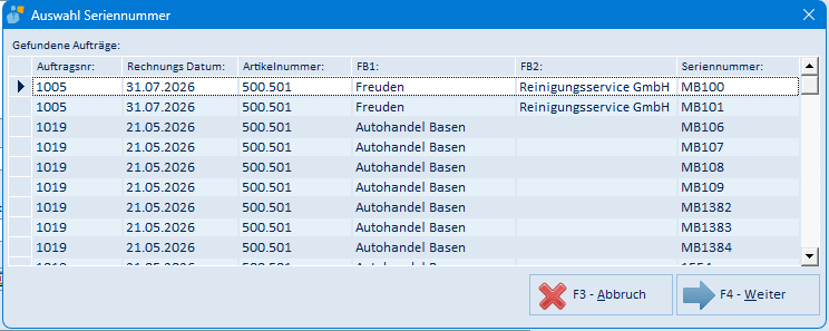 Auswahl Seriennummer