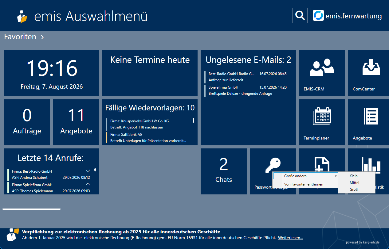 Kontextmenü einer Favoritenkachel