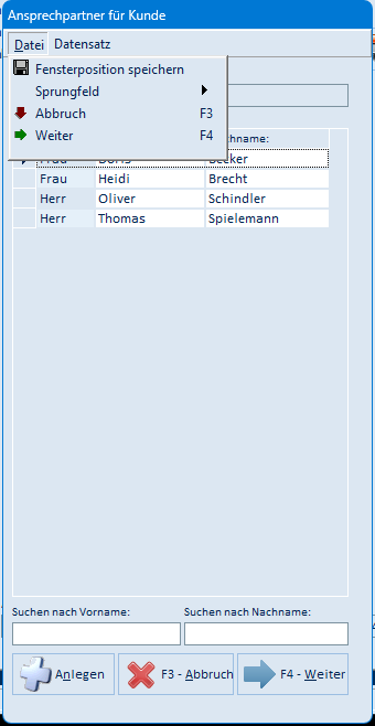 Menü Datei der Ansprechpartnerauswahl