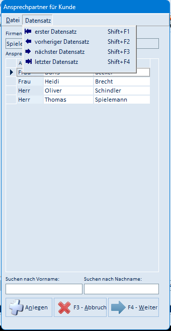 Menü Datensatz der Ansprechpartnerauswahl
