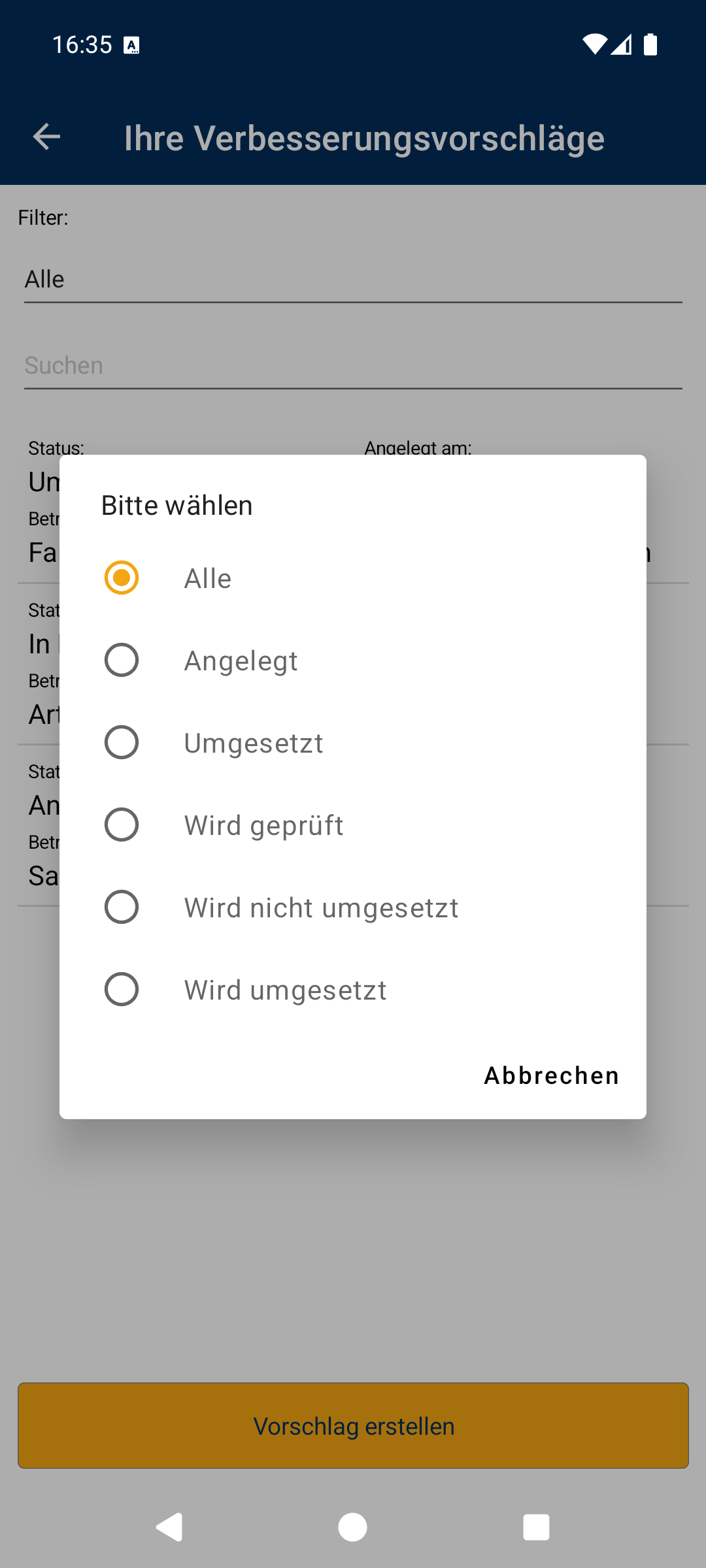 Filter der Verbesserungsvorschläge