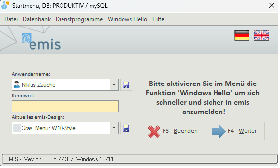 Hinweis auf Windows Hello im Startmenü
