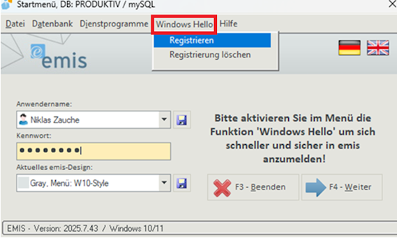 Menü Windows Hello