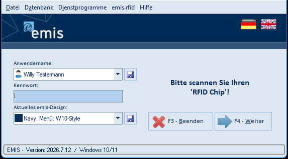 Startmenü mit eingeschalteter RFID-Anmeldung
