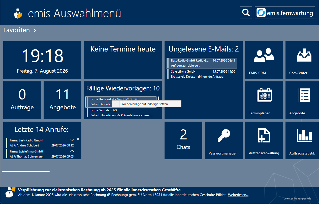 Kontextmenü im Wiedervorlagen-Widget