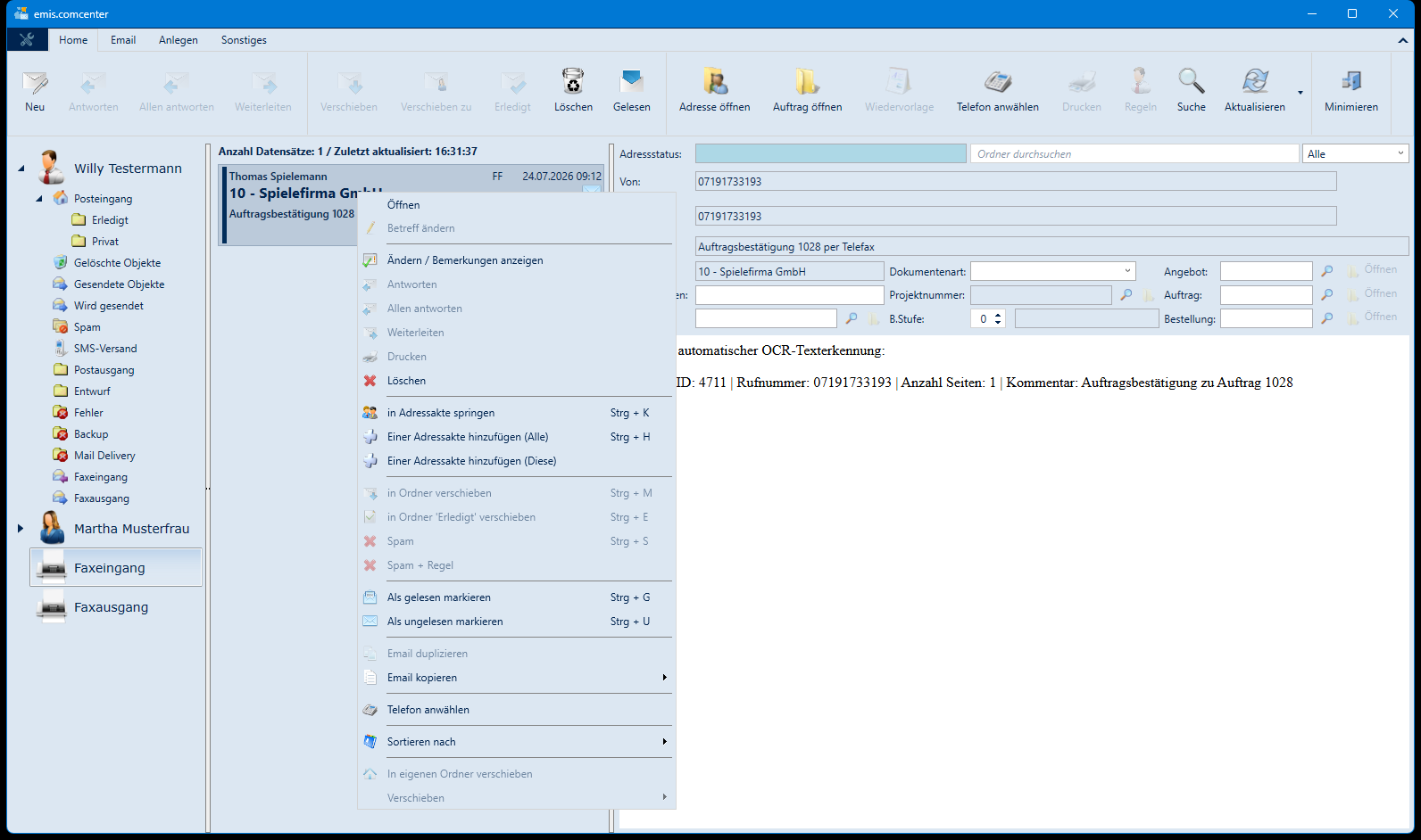 Kontextmenü eines Faxes