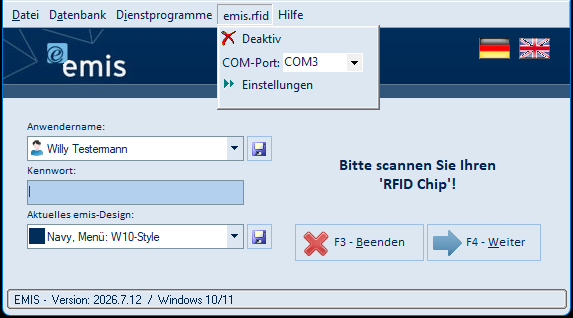 Menü emis.rfid ausgeschaltet