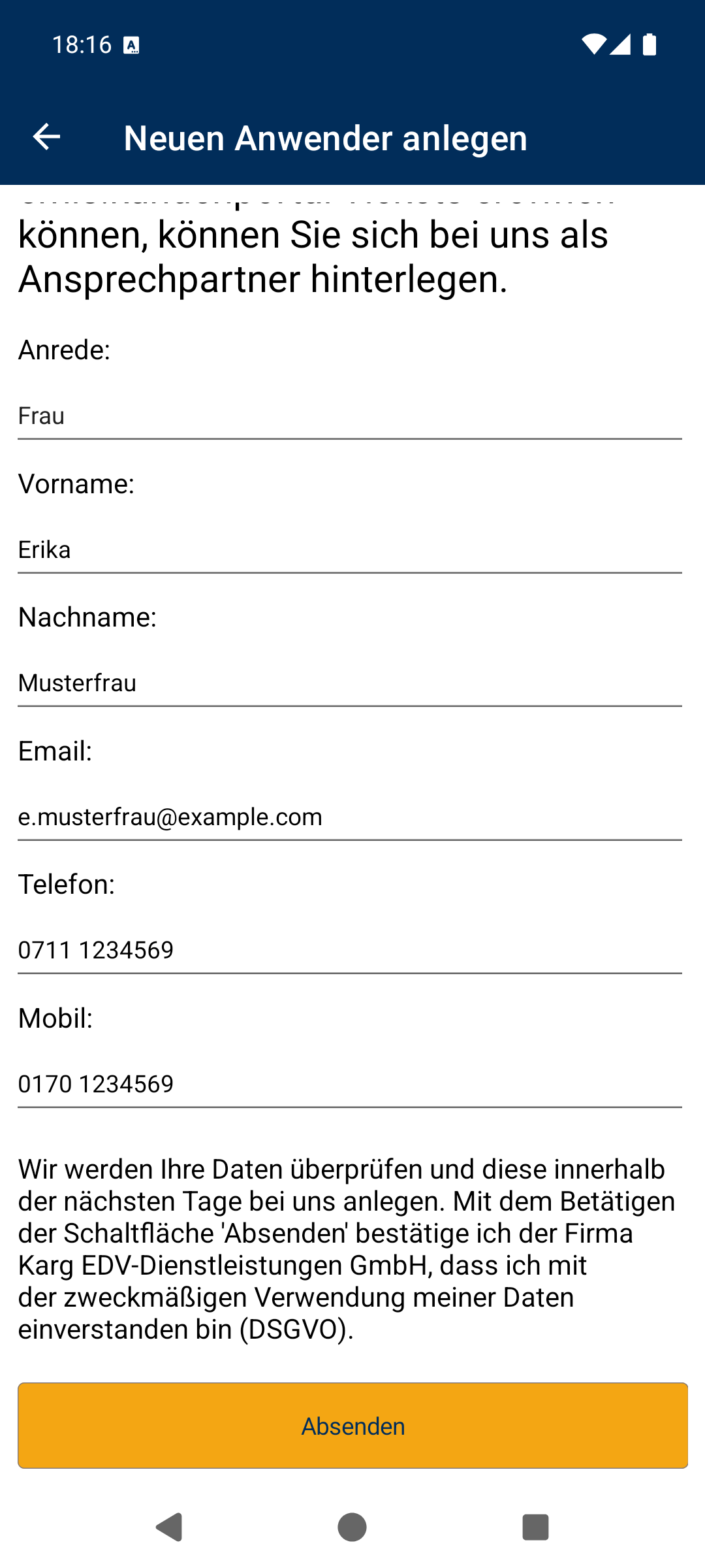 Ausgefülltes Formular mit der Schaltfläche Absenden