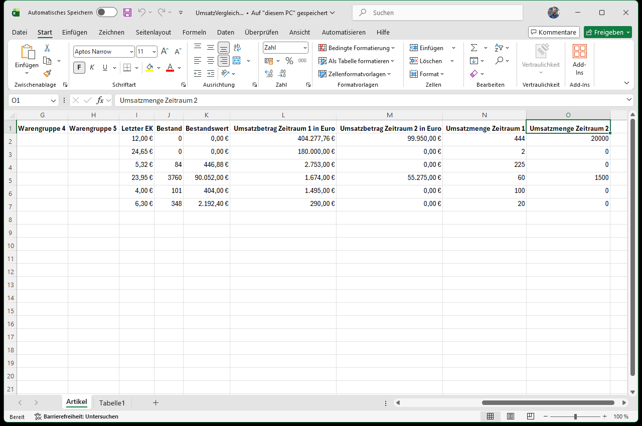 Excel-Mappe UmsatzVergleich – rechte Spalten