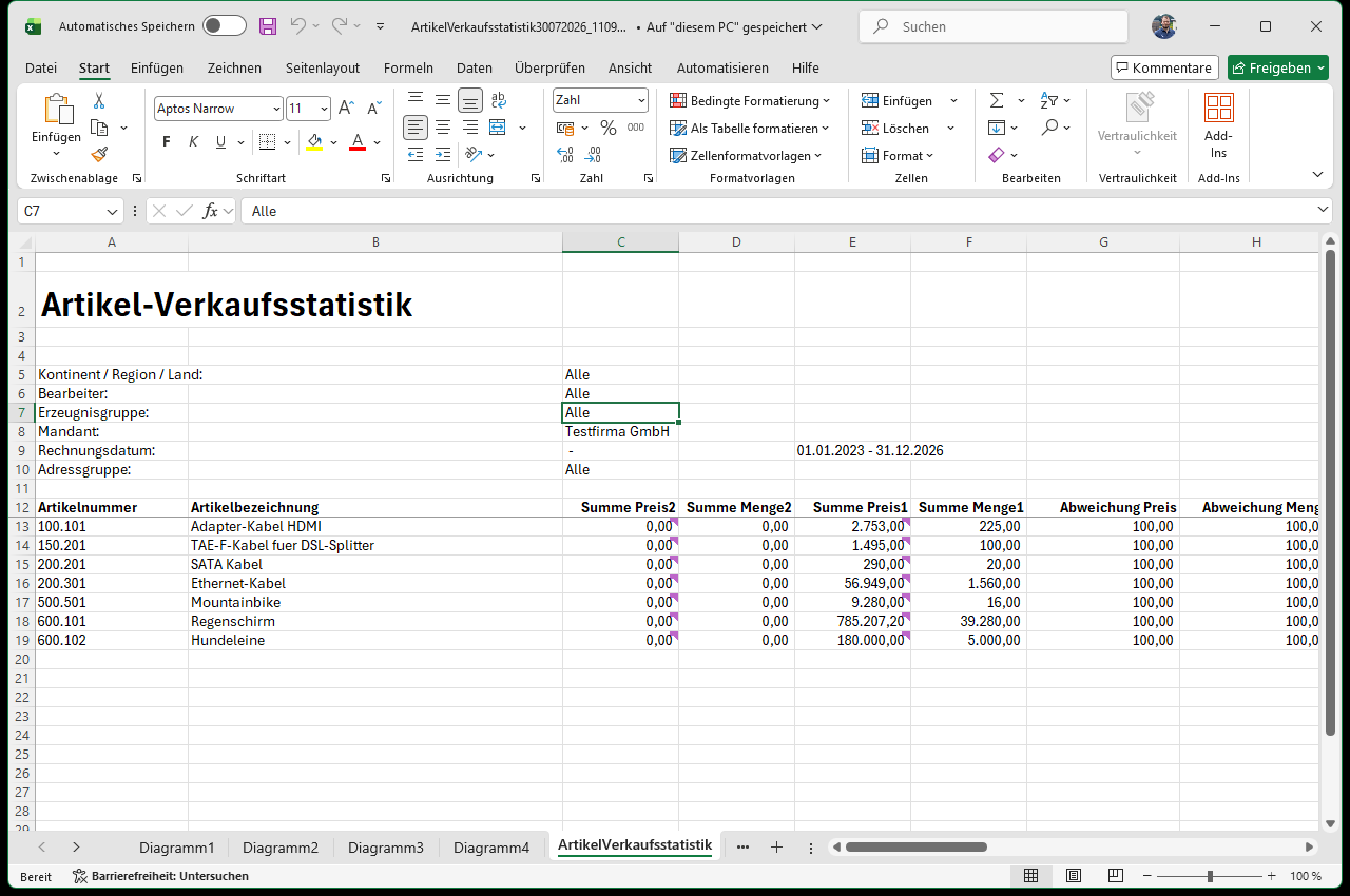 Excel-Mappe Artikel-Verkaufsstatistik
