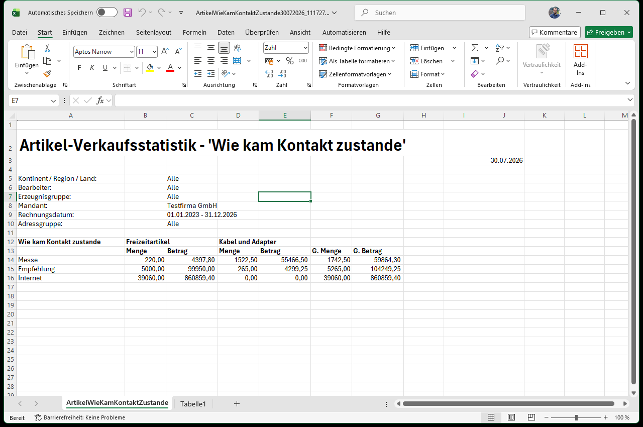 Excel-Mappe Verkaufsstatistik Kontakt