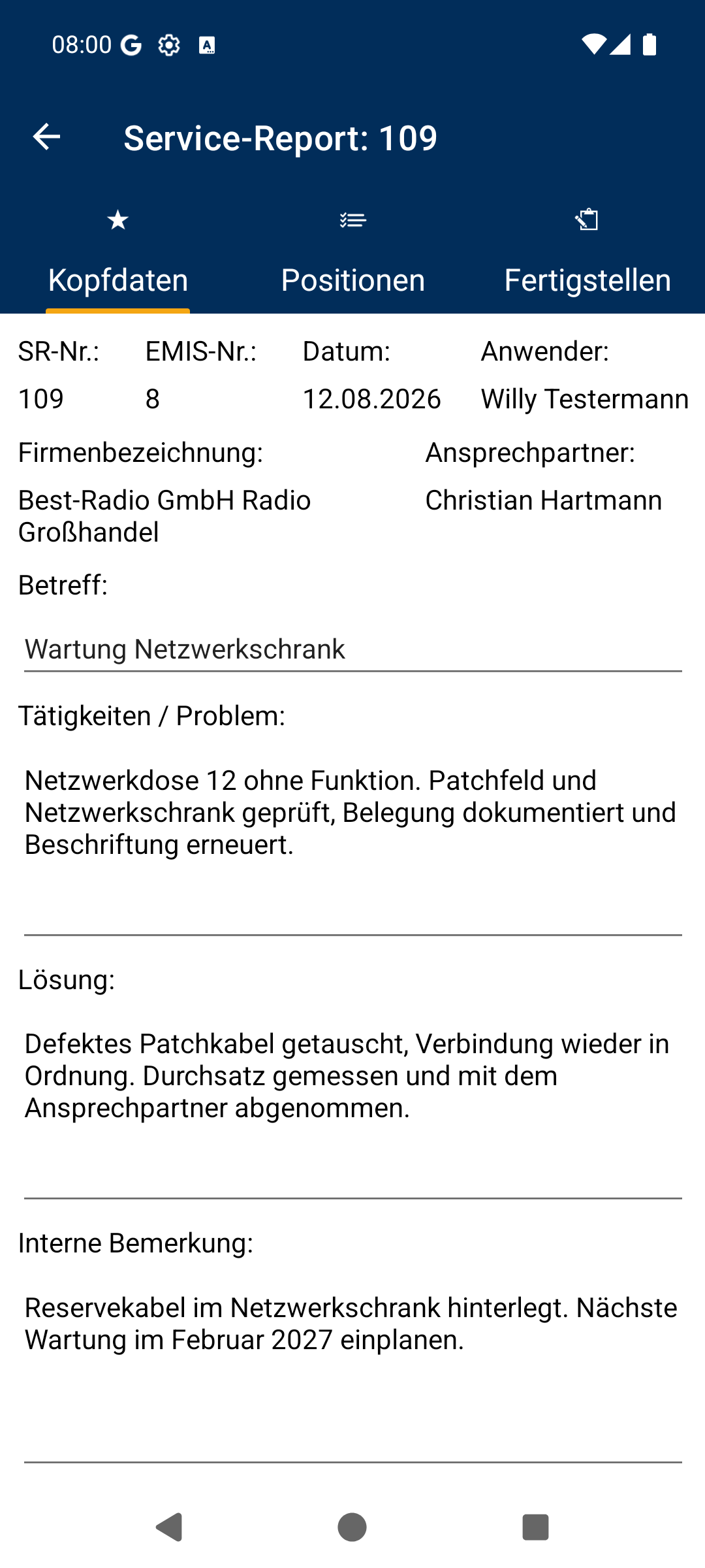 Service-Report – Kopfdaten