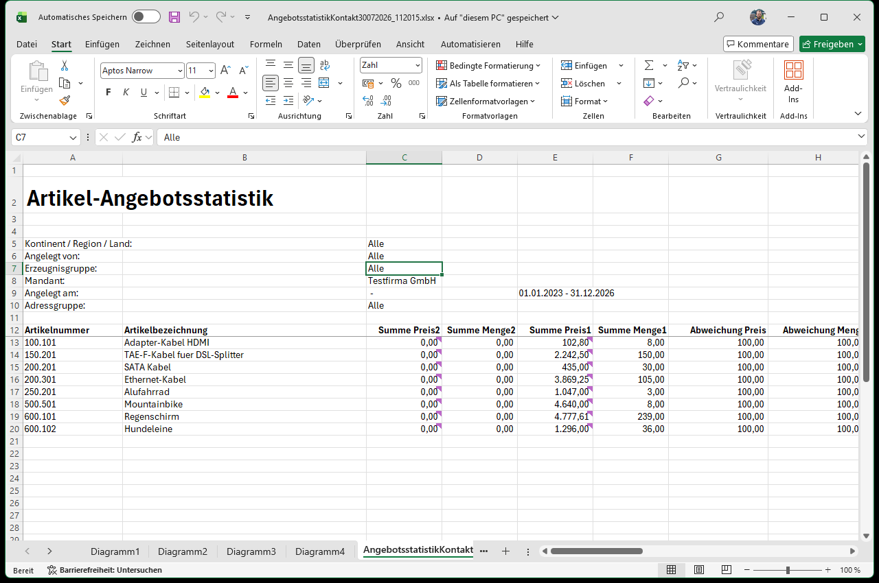 Excel-Mappe Angebotsstatistik Kontakt