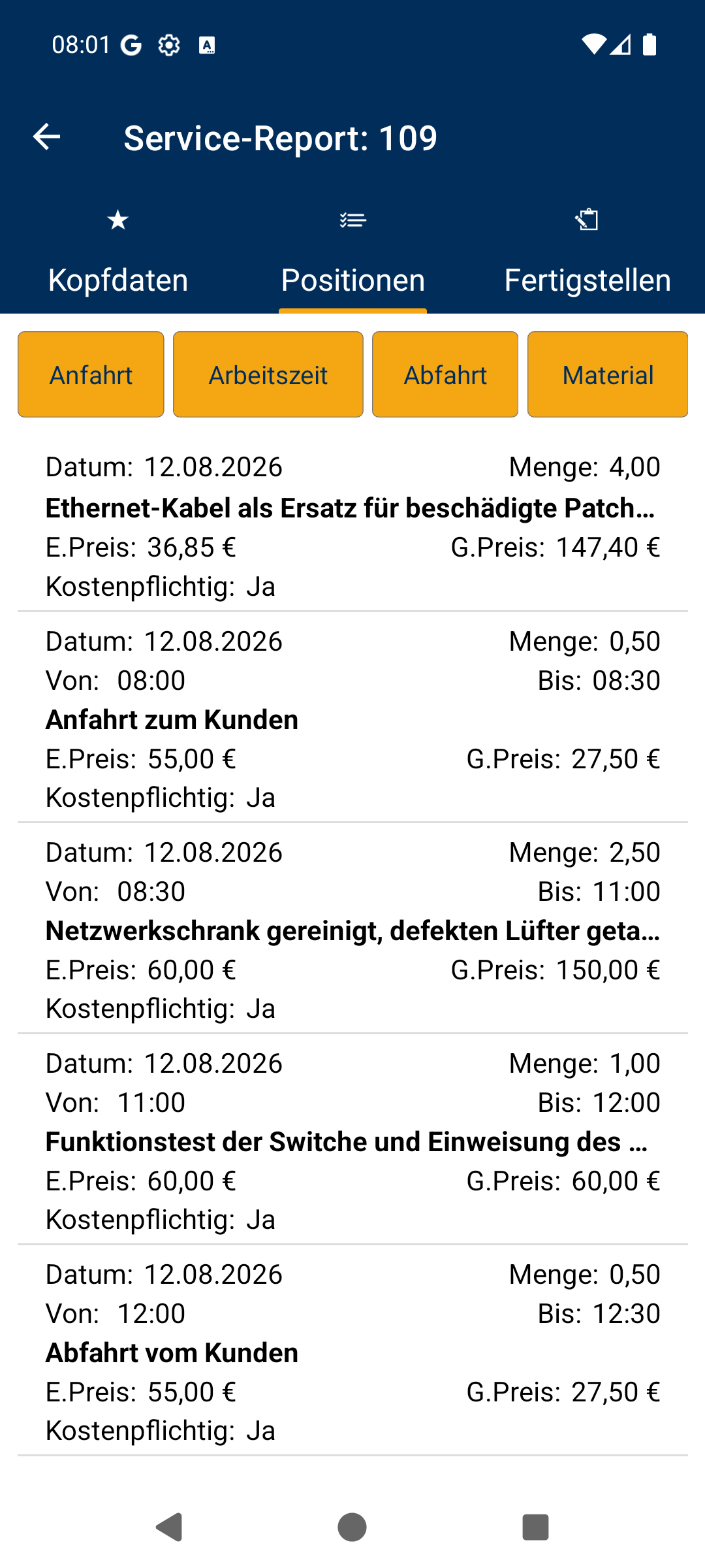 Service-Report – Positionen