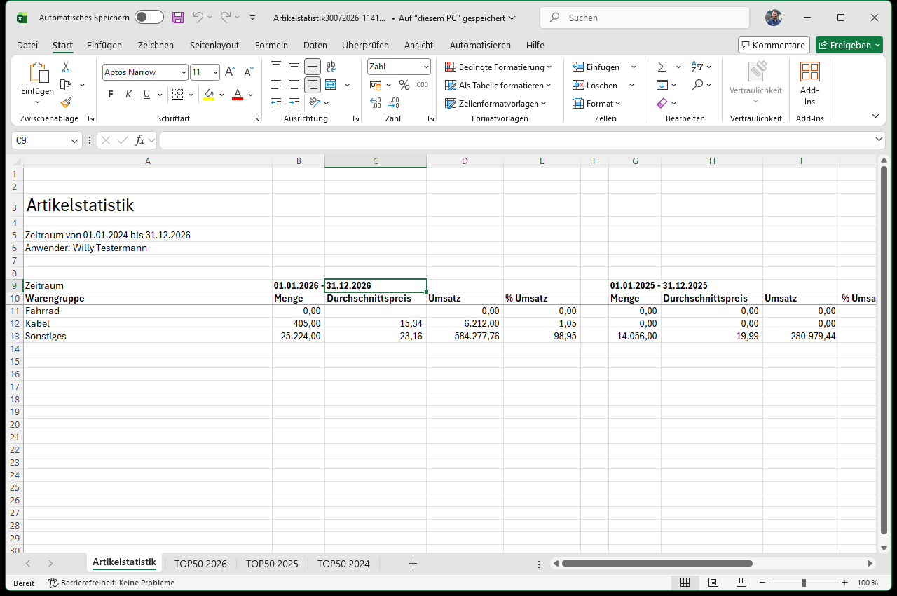 Excel-Mappe Artikelstatistik