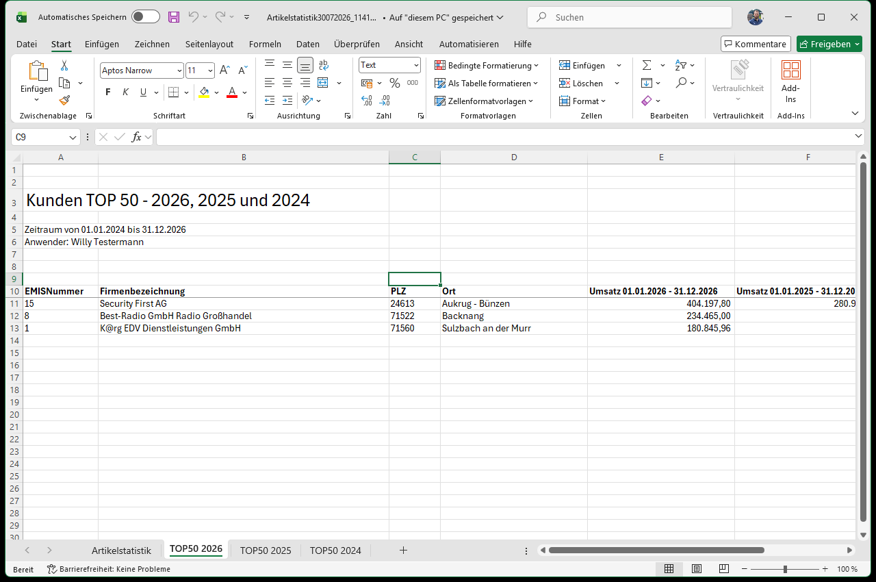 Excel-Mappe Artikelstatistik – Kunden TOP 50