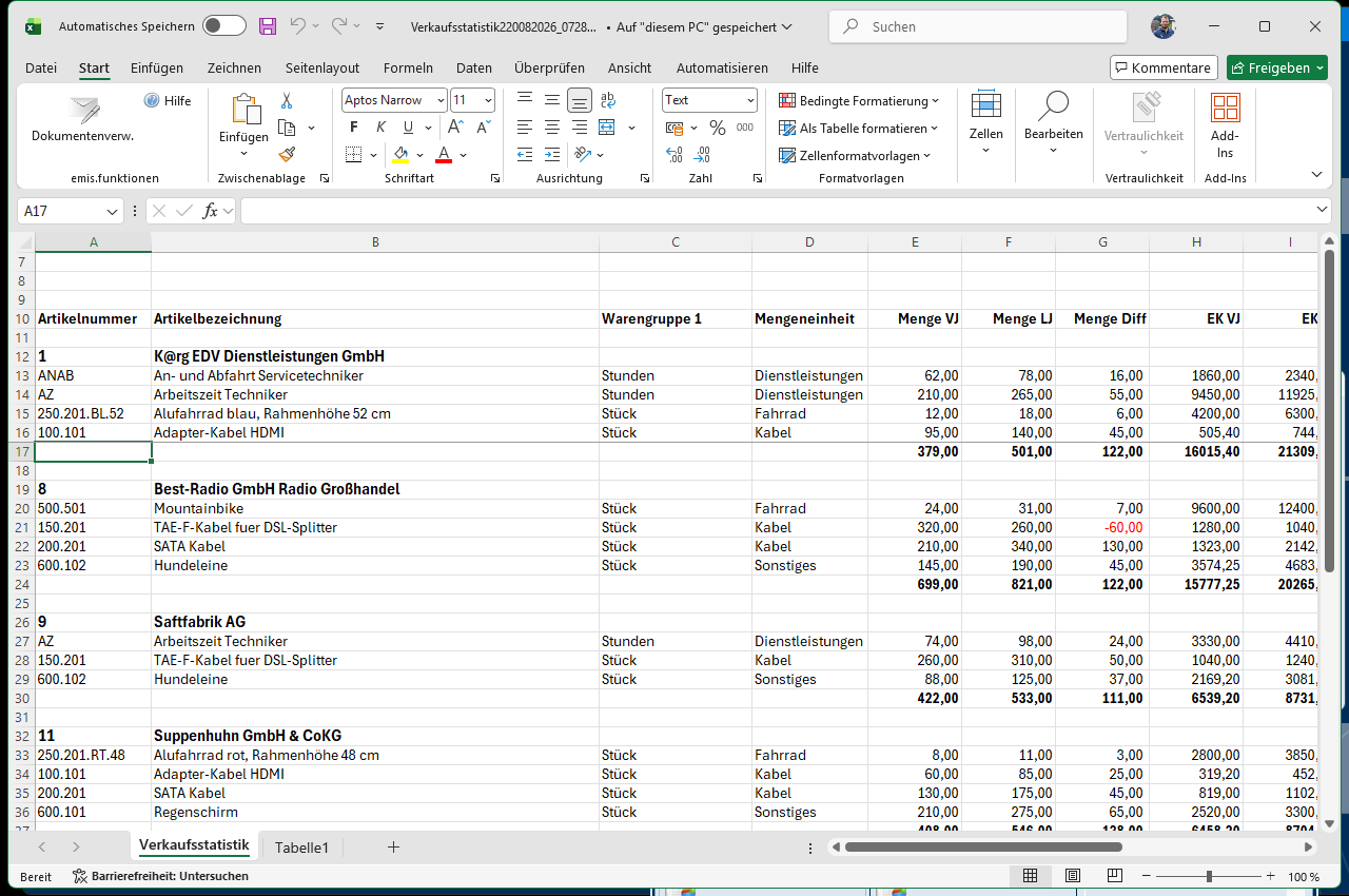 Excel-Mappe Kundenpositionsumsätze