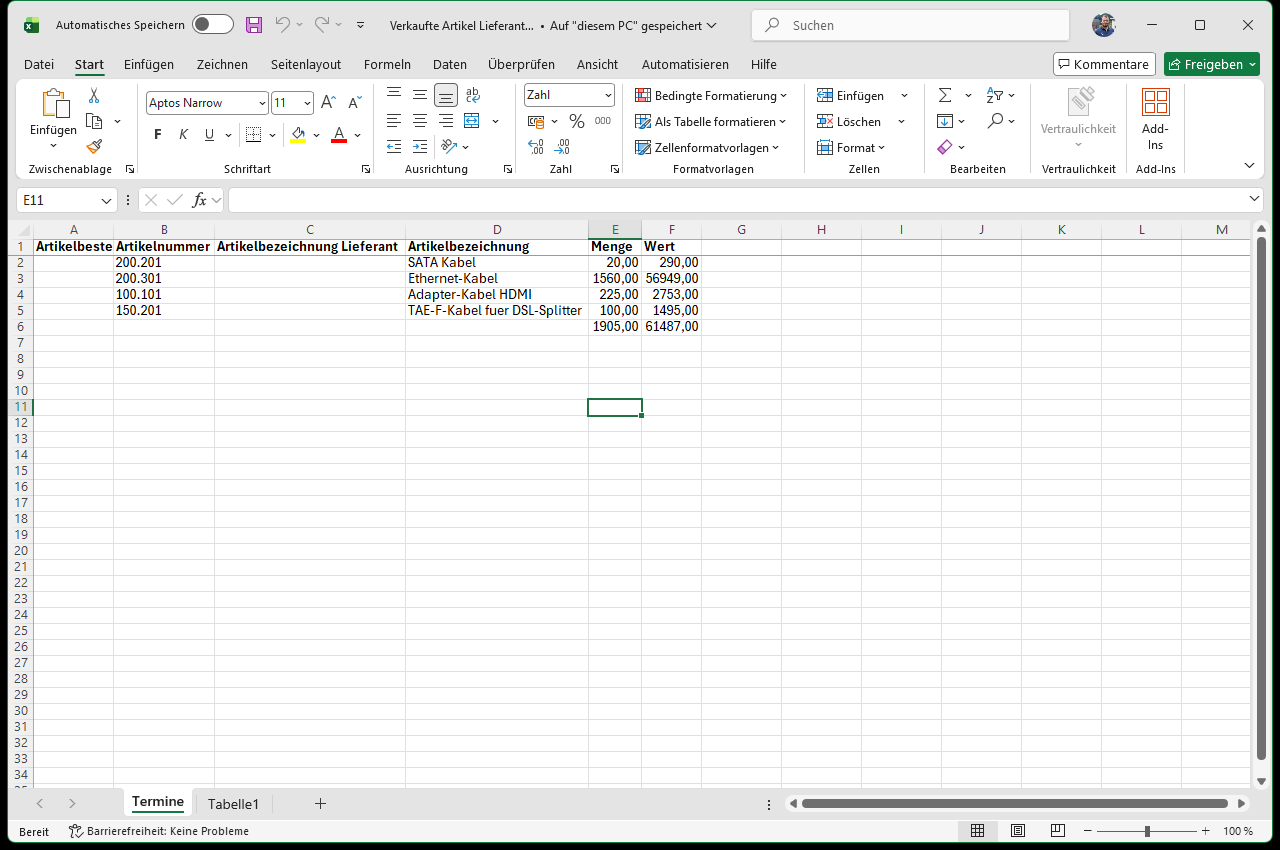 Excel-Mappe Verkaufte Artikel Lieferant
