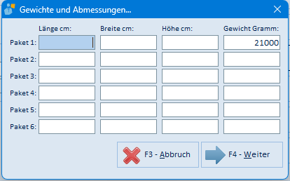 Gewichte und Abmessungen