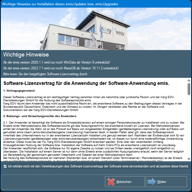 Hinweise und Lizenzvertrag des Updates