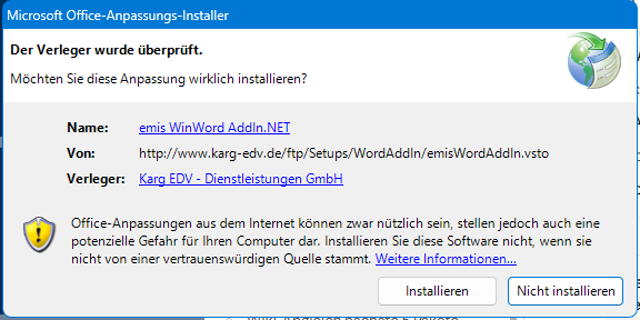 Der Office-Anpassungs-Installer fragt vor der Installation nach