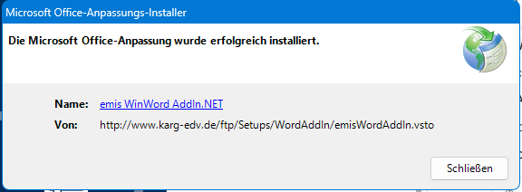 Meldung nach erfolgreicher Installation