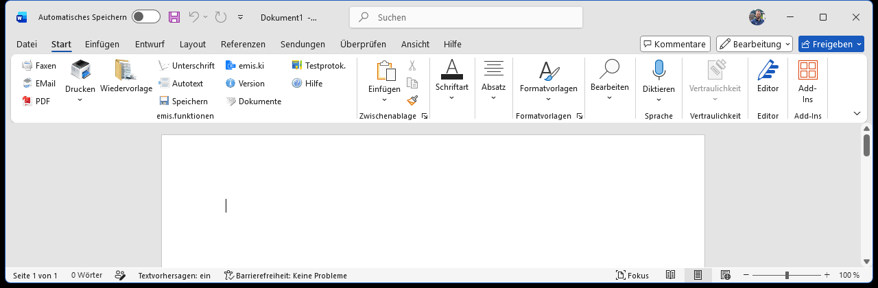 Die Gruppe emis.funktionen im Word-Menüband