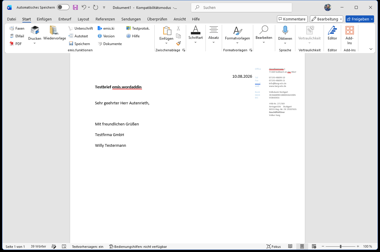 Aus emis heraus erzeugter Word-Brief mit der Gruppe emis.funktionen