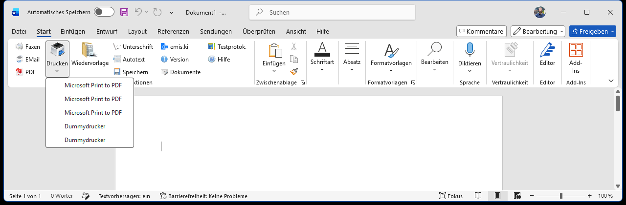 Druckerauswahl der Splitschaltfläche „Drucken"