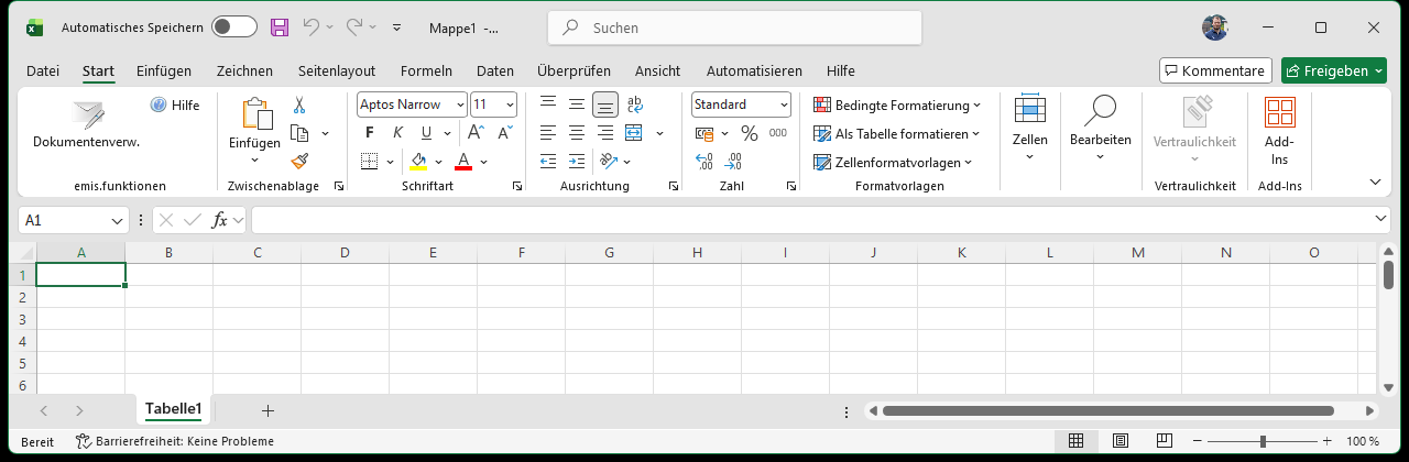 Die Gruppe emis.funktionen im Excel-Menüband