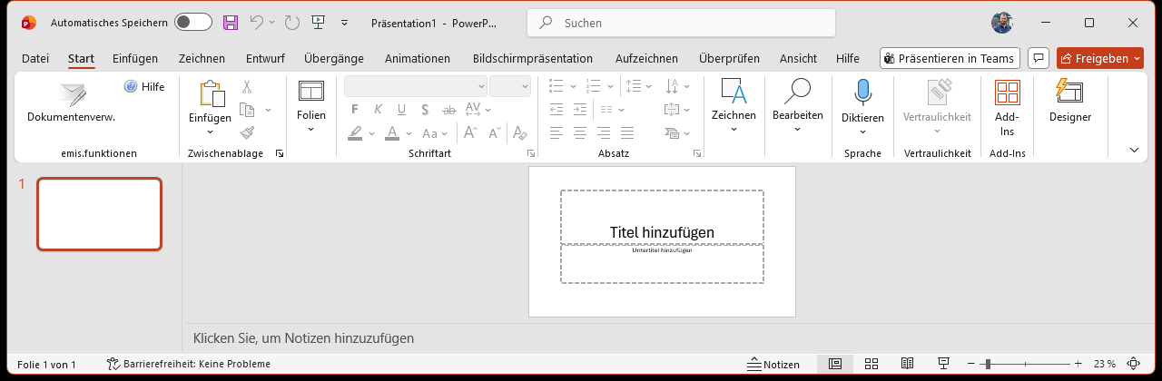 Die Gruppe emis.funktionen im PowerPoint-Menüband