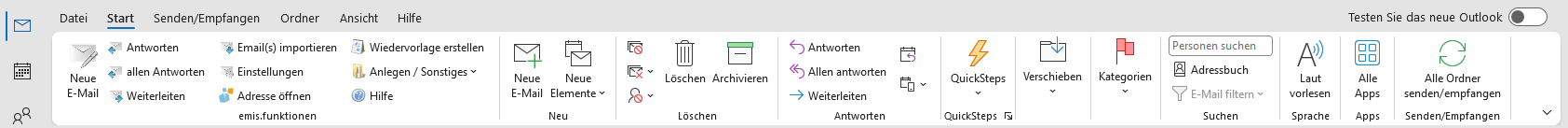 Die Gruppe emis.funktionen im Outlook-Hauptfenster auf dem Reiter Start