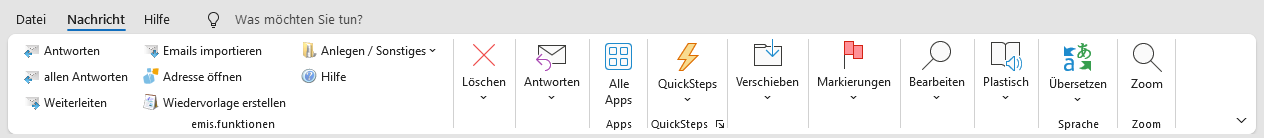 Die Gruppe emis.funktionen im Lesefenster auf dem Reiter Nachricht