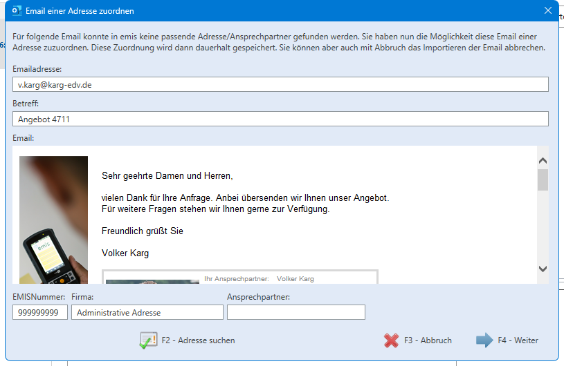 Fenster „Email einer Adresse zuordnen"