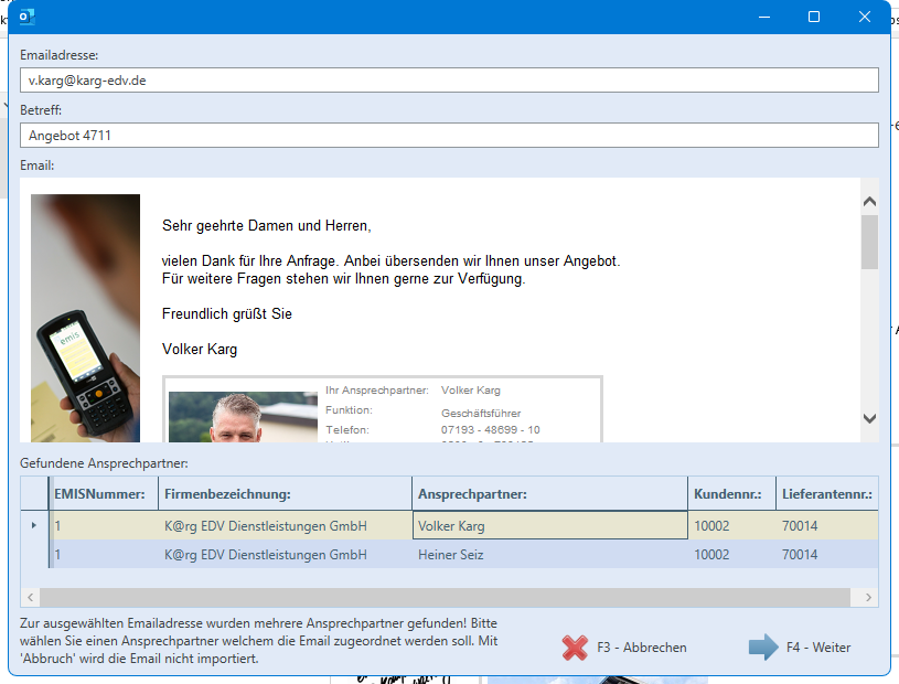 Auswahl bei mehreren Ansprechpartnern zur selben E-Mail-Adresse